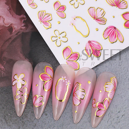 2/3pcs Golden Pink Hibiscus Flower Nail Stickers 3D Bronzing Border Petals Sakura Line Sliders Nail Decals DIY Manicure Decor