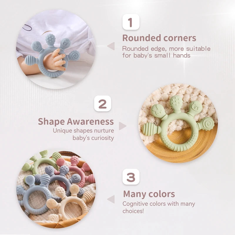 BPA-Free Baby Silicone Teether Sensory Toy Food-Grade Chewable Toy Teething Ring Easy-Grip Infant Teething Toy Newborn Gift