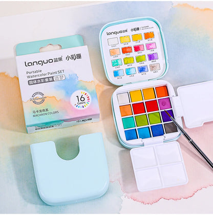 16 Colors Mini Portable Solid Watercolor Paint Set with Brush & Palette Travel Sketching Painting Box for Art Drawing Sketching