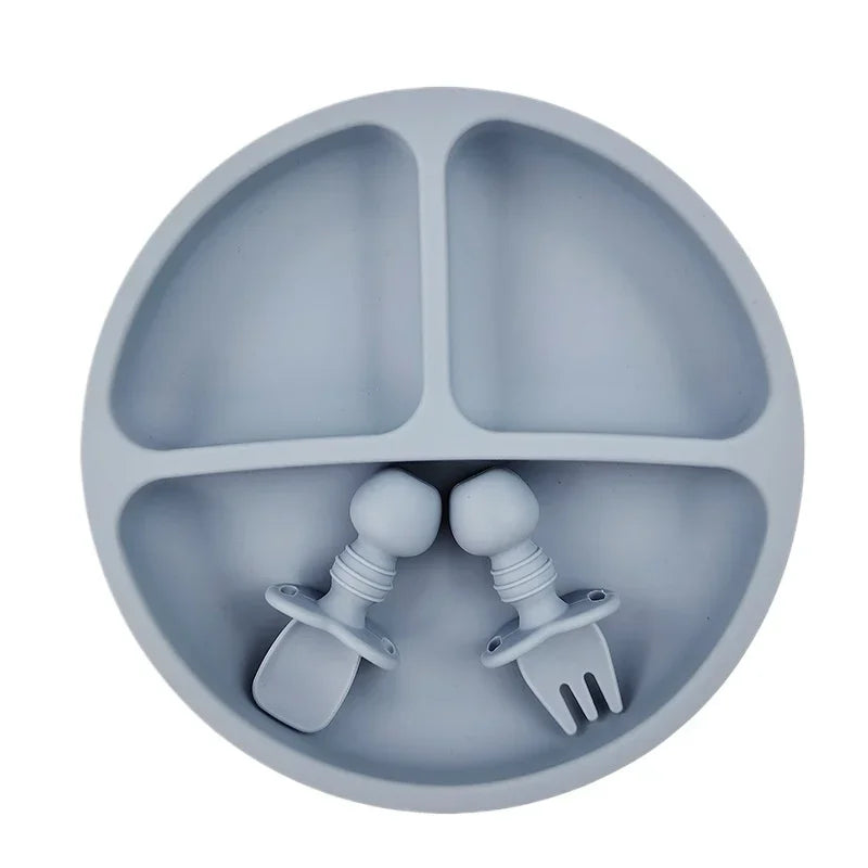 BPA Free Silicone Baby Plate with Spoon Fork Bibs Children Dishes Safe Baby Dining Plate with Suction Smile Face Plates for Kids