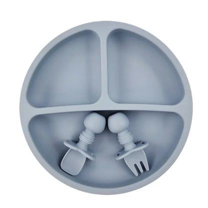 BPA Free Silicone Baby Plate with Spoon Fork Bibs Children Dishes Safe Baby Dining Plate with Suction Smile Face Plates for Kids
