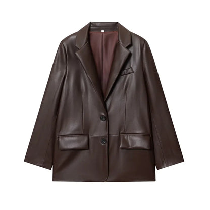 Women's Fashion Faux Leather Blazer Coat Loose Fit Old Money Style Long Sleeve Front Button Chic Outerwear Top