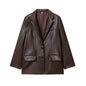 Women's Fashion Faux Leather Blazer Coat Loose Fit Old Money Style Long Sleeve Front Button Chic Outerwear Top