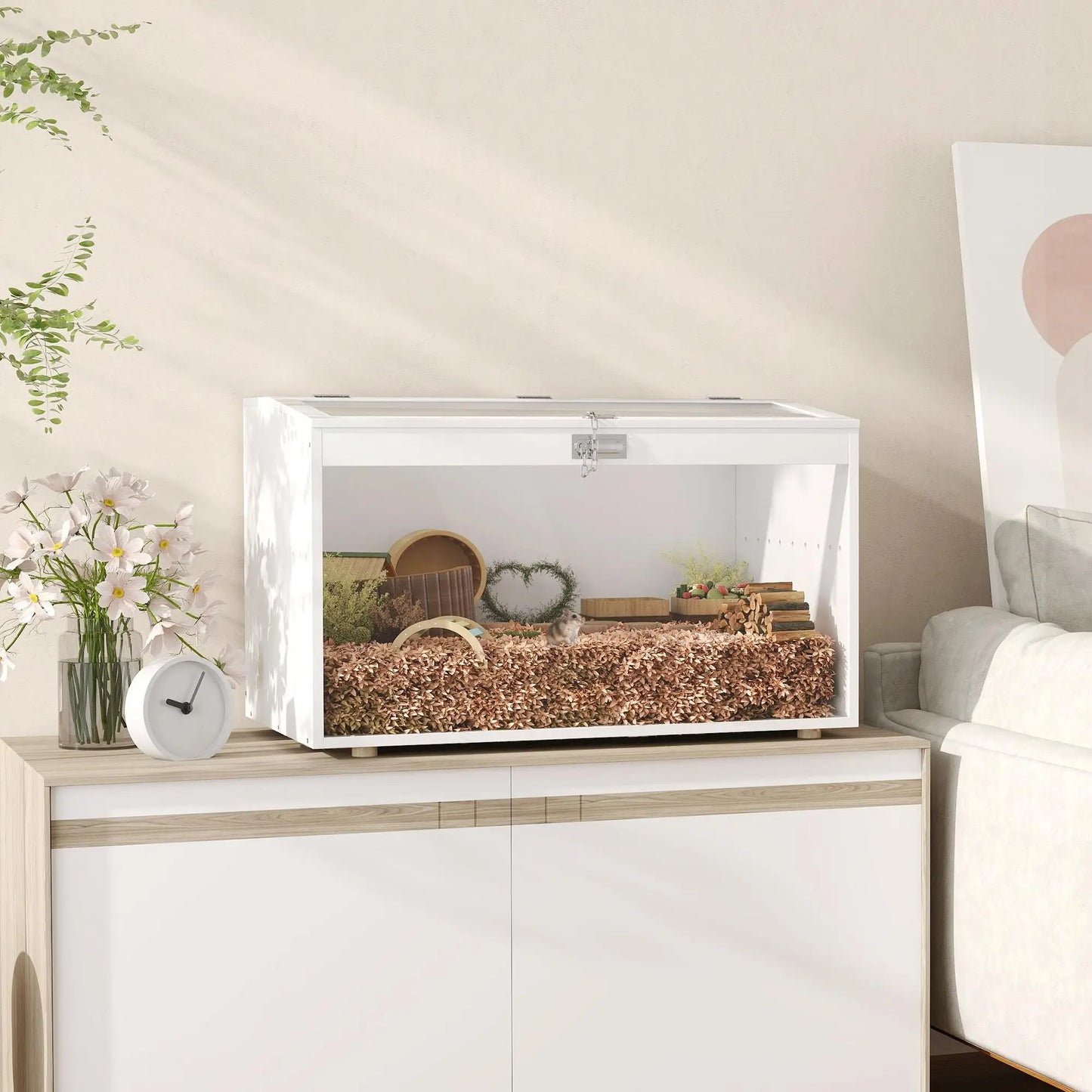 White hamster cage 80x50x50 cm plastic with a hinged lid & acrylic window for small animals