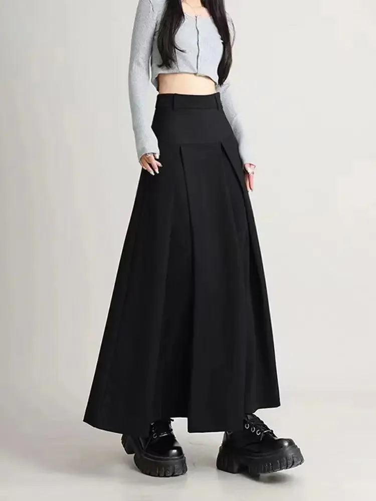 Autumn A-line Black Midi Skirts Women Korean Mori-girl Preppy Pleated Skirt Mujer S-5XL Streetwear High Waist Faldas Largas JK