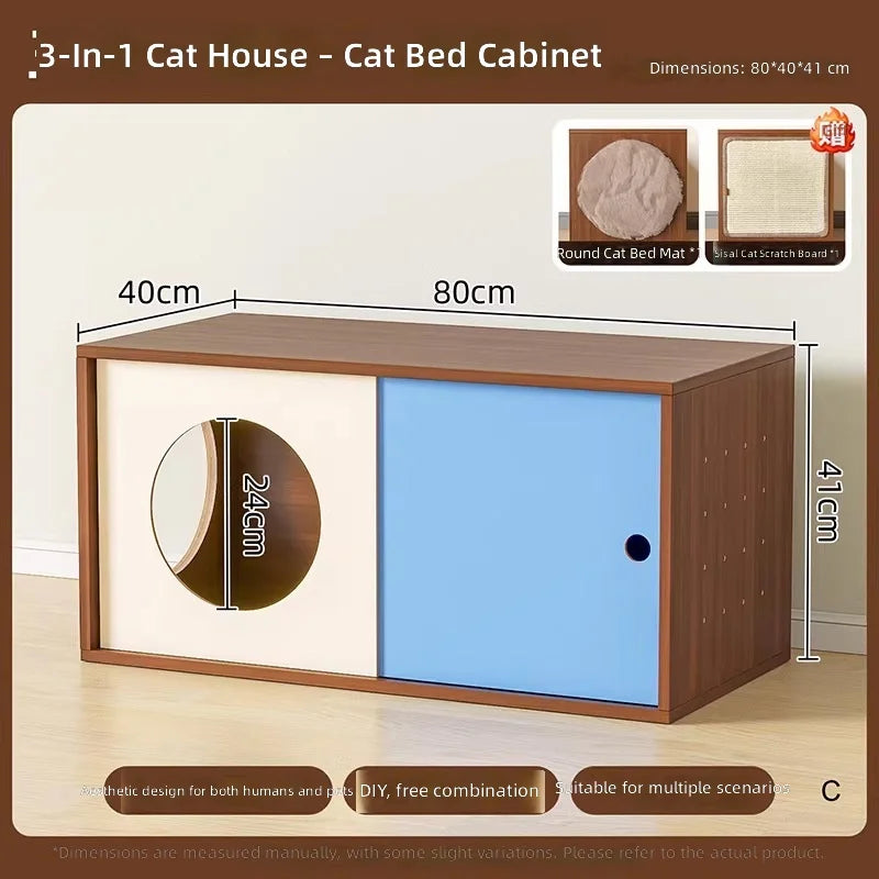 Triple-Function Cat House with Litter Box & Storage,Human-Pet Shared Furniture,Cat Tree Hut, Indoor Cat Den,Multi-Level Cat Fort