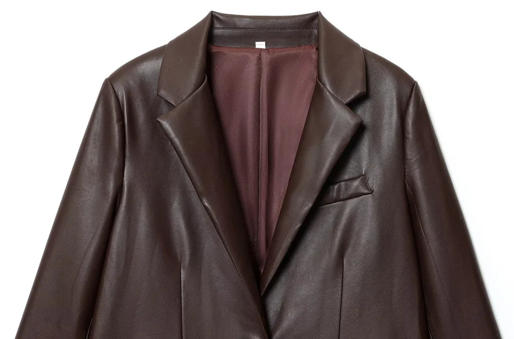 Women's Fashion Faux Leather Blazer Coat Loose Fit Old Money Style Long Sleeve Front Button Chic Outerwear Top
