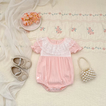 2026 New Newborn Baby Girl Bodysuits 0-24M Baby Girl Romper Summer Short Sleeved Cotton Lace Collar Baby Girl Jumpsuit