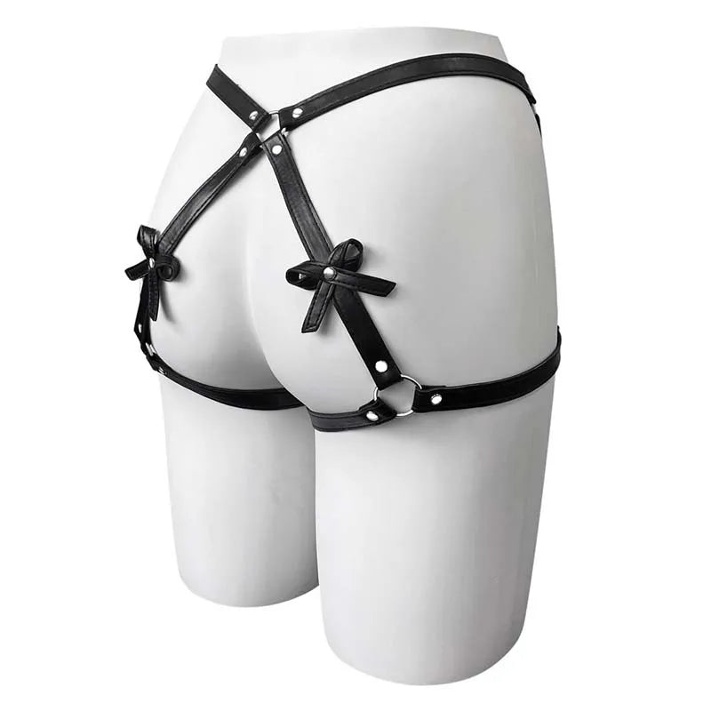 Women's Sexy Bow PU Leather Thigh Garter Harness BDSM Bondage Lingerie with Butt Wear And Suspender Belt Waist-To-Leg Adult Sex