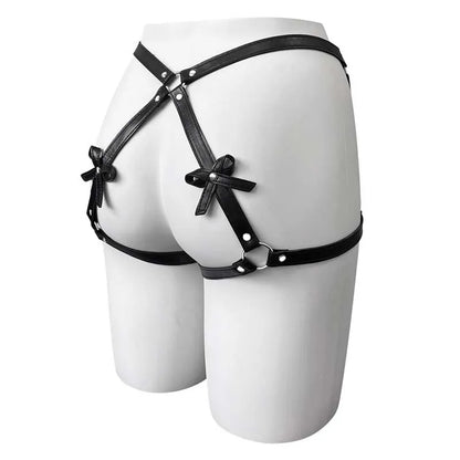 Women's Sexy Bow PU Leather Thigh Garter Harness BDSM Bondage Lingerie with Butt Wear And Suspender Belt Waist-To-Leg Adult Sex