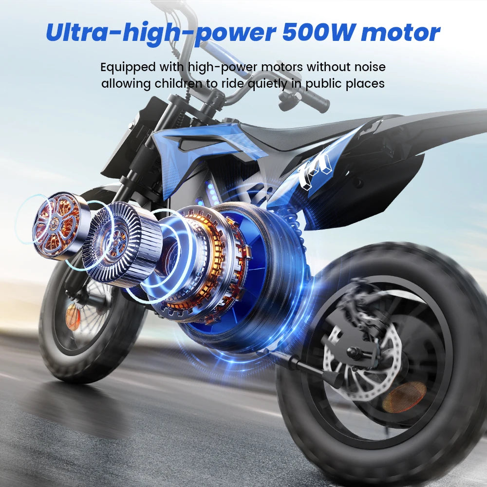 A14 Kids E-Moto Toy 500W Motor 22km Range 36V5.2Ah Battery 3 Speeds(27km/h) Dual Brakes Shock Absorbers Lights for Outdoor Fun