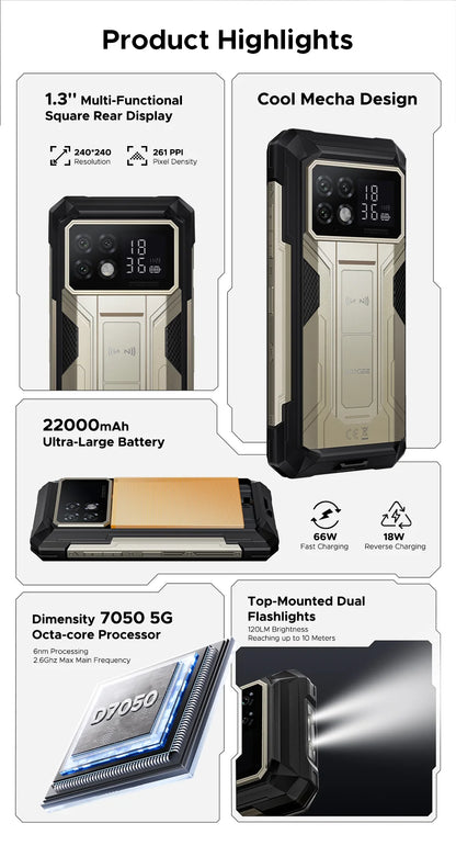 DOOGEE S200 Max 5G Rugged Phone 1.32" Rear Display Dual light Flashlight 22000mAh Battery 66W 6.72” 120Hz 16GB 512GB Smartphone