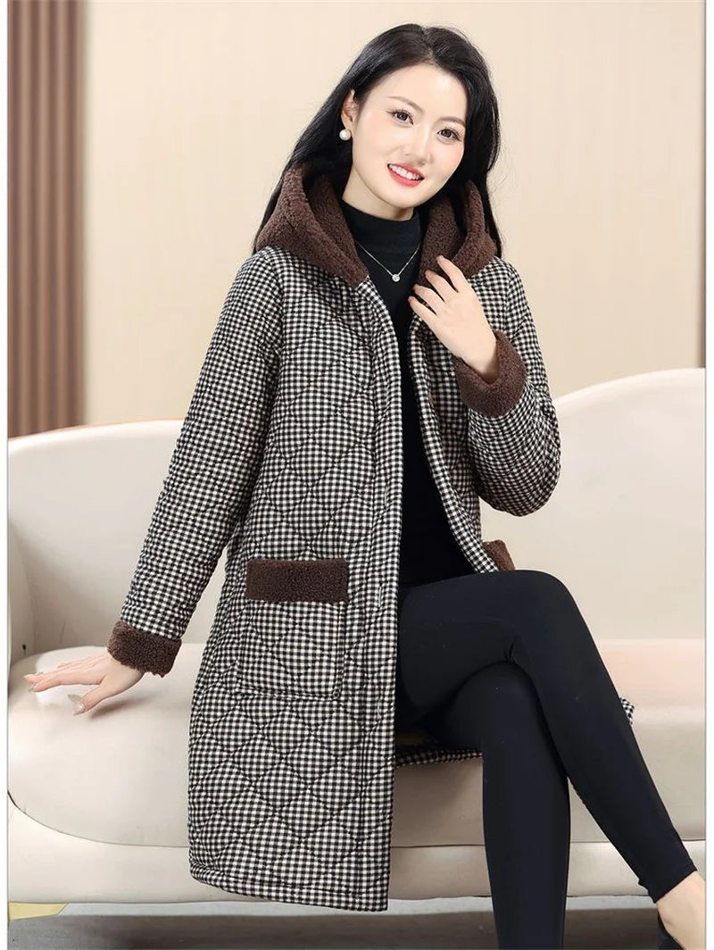 Winter Coat New Vintage Velvet And Thickening Single breasted Cotton Coat for Women Fit Cotton Clip Warm Long Parka Plaid Coat