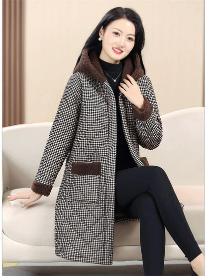 Winter Coat New Vintage Velvet And Thickening Single breasted Cotton Coat for Women Fit Cotton Clip Warm Long Parka Plaid Coat