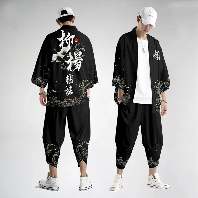 Large Size 5XL 6XL Japanese Kimono Cardigan Pants Set Print Fox Men Women Shirt Tradition Yukata Haori Obi Cosplay Costume