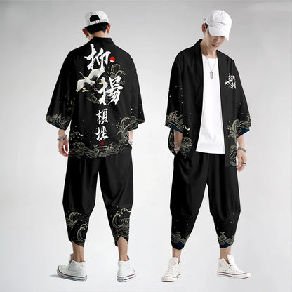 Large Size 5XL 6XL Japanese Kimono Cardigan Pants Set Print Fox Men Women Shirt Tradition Yukata Haori Obi Cosplay Costume