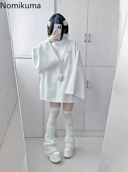 2025 Ropa Mujer Streetwear Coat for Women's Japanese Y2k Clothing Fashion White Zipper Outwear Tops Casual Stand Neck Jackets