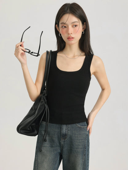Spring Women U-Neck Knit Tank Top Cashmere-Like Fabric Elastic Slim Fit Sleeveless Camisole Solid Color Base Layer Stylish Vest