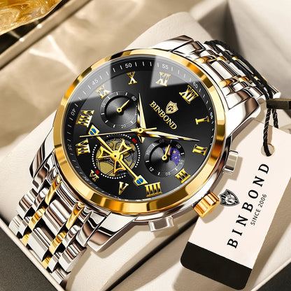 BINBOND Chronograph Men's Watches Accurate Quartz Watch For Men Luxury Luminous Waterproof StopWatch Durable Reloj