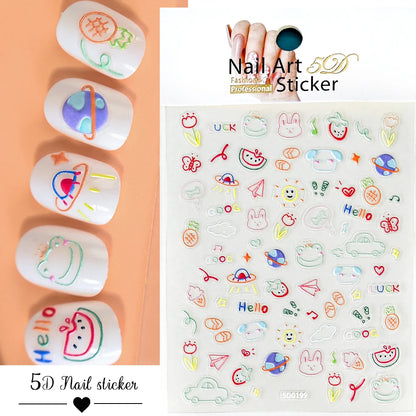 5D Hibiscus Flower Nail Embossed Sticker Acrylic Pink White Gold Petal Leaf Adhesive Decal Butterfly Dragon Floral Elegant Decor
