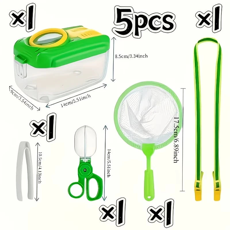Outdoor Insect Observation Set, 5-Piece Set, Insect Collection and Observation Box with Magnifying Glass, Insect Catching Net, Insect Catching Scissors, Tweezers, Portable Lanyard, Natural Science Exploration, Outdoor Learnin