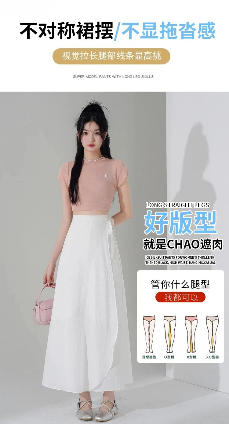 Chic Korea Clothes Summer Women Cute Sweet GIrls Solid Robe Holiday Date High Waist Retro Vintage Wrap One-Piece Lace-Up Skirts