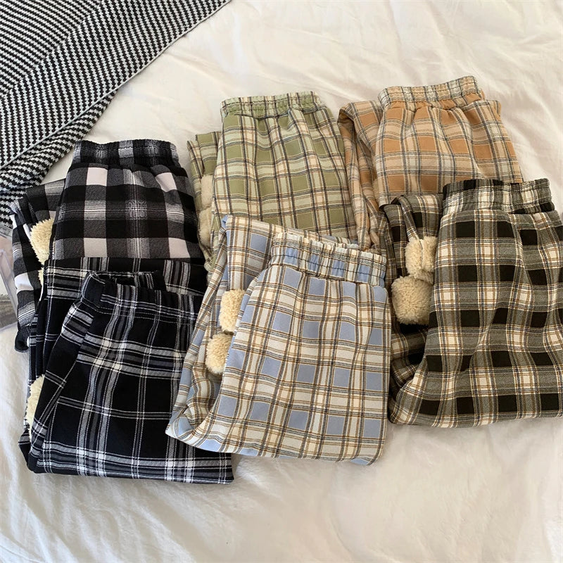 JMPRS Fashion Warm Plush Pants Thick Plaid Women Casual Loose Wide Leg Trousers Korean Streetwear Straight Student Pants New