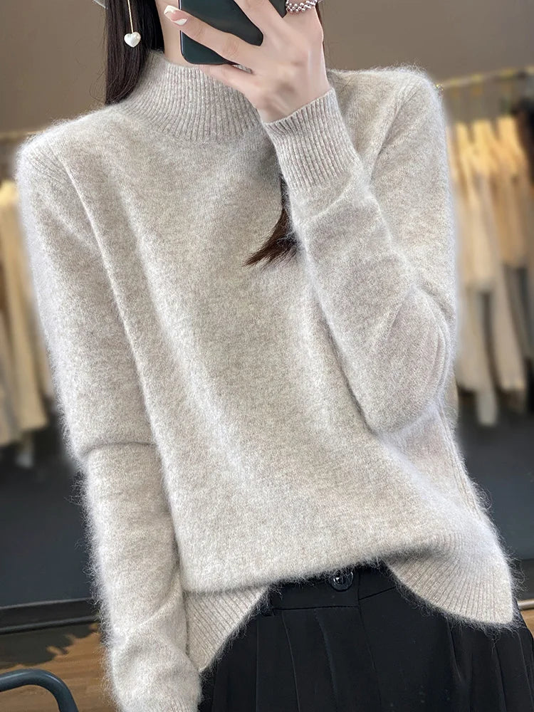 100% Mink Cashmere Sweater Women's Half High Collar Pullover Long Sleeve Cashmere Knitwear Fashion Autumn Winter Female Clothing