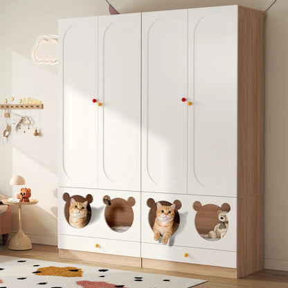 80x50x200cm Kids Wardrobe with Hanging Rod Integrated Cat Bed Design Lacquered Board and Particle Board with Colorful Ceramic Handles White and Natural Wood Color Multifunctional Storage Cabinet Suitable for Bedroom Home Furn