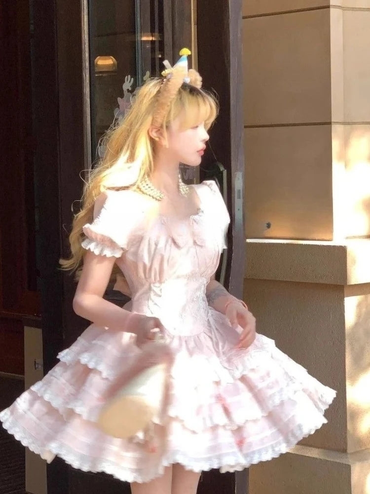 Kawaii Lovely Bow Lace Dress Women French Sweet Puff Sleeve Slim Cake Dresses Female Pretty Fairy Princess Dress Summer New