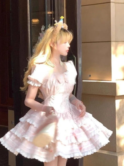 Kawaii Lovely Bow Lace Dress Women French Sweet Puff Sleeve Slim Cake Dresses Female Pretty Fairy Princess Dress Summer New