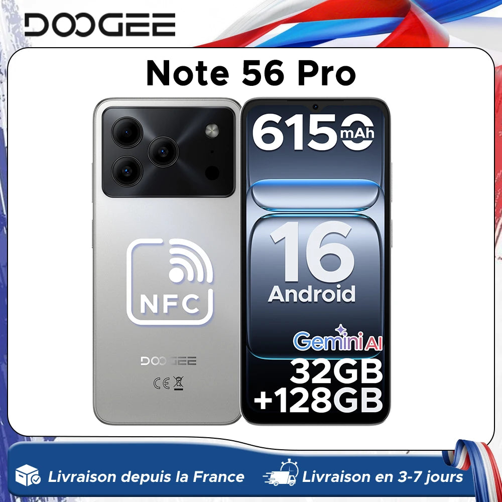 DOOGEE Note56 Pro Smartphone 32GB+128GB Android 16 6150mAh Battery 6.56'' 90Hz Screen 13MP+8MP Widevine L1 NFC Cell Phone