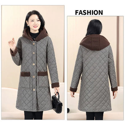 Winter Coat New Vintage Velvet And Thickening Single breasted Cotton Coat for Women Fit Cotton Clip Warm Long Parka Plaid Coat