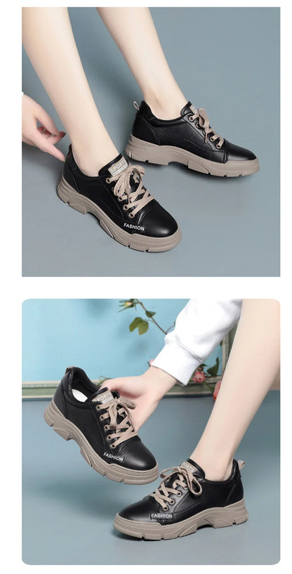 Spring Non-slip Soft Leather Sneaker Trekking Footwear New Women's Thick-soled Lace-up Leisure Skateboard Sports Shoes