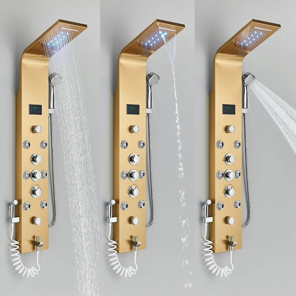 Black LED Light Shower Faucet Bathroom SPA Massage Jet Shower Column System Waterfall Rain Shower Panel Bidet Sprayer Tap