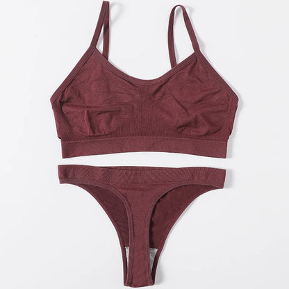 Women Seamless Bra And Panties Set Wire Free Bralette High Leg Cut Thongs Comfort Ribbed Unlined Underwear Sexy Lingerie Set