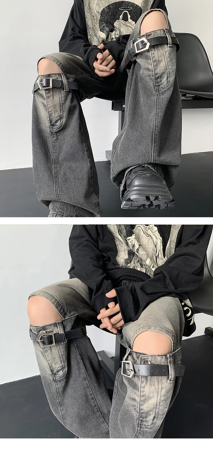Men's Jeans Retro Trousers Knee Holes Splicing High Street Loose Denim Trousers Flared Jeans Straps Cowboy Casual Long Pants