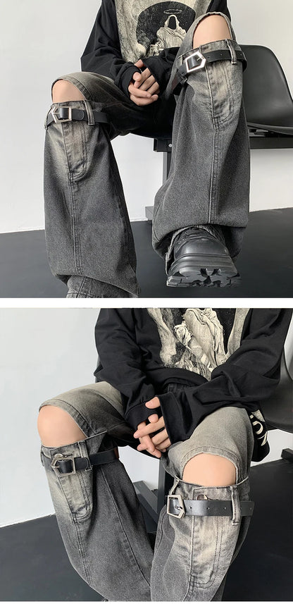 Men's Jeans Retro Trousers Knee Holes Splicing High Street Loose Denim Trousers Flared Jeans Straps Cowboy Casual Long Pants