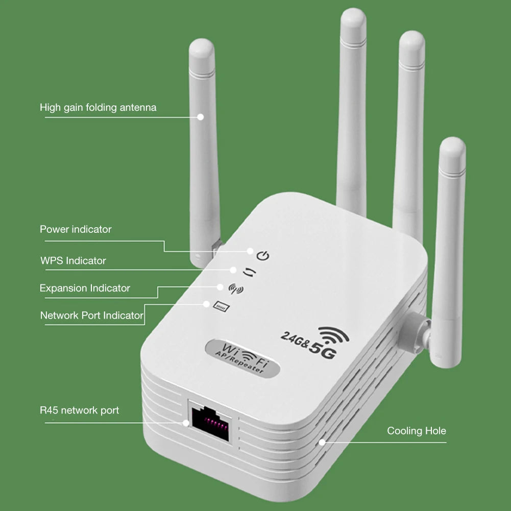 1200Mbps WiFi Repeater Signal Amplifier Dual Band 2.4G 5G WI-FI Signal Booster Long Range WIFI Network Extender for Home Office
