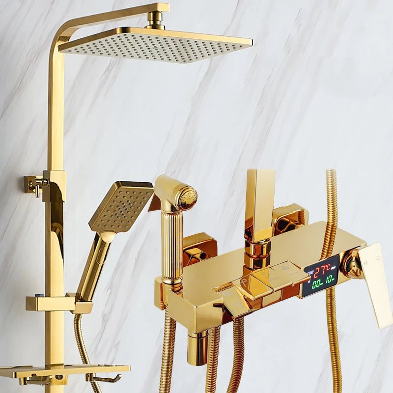 Gold Piano Digital Display Bathroom Shower Set Brass Bathroom Faucet Accessories Thermostatic Digital Bathroom Shower System