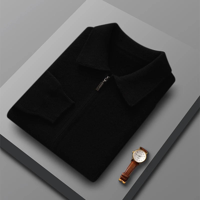 Men's 100% Merino Wool Thickened Sweater Polo Collar Business Zippered Cardigan Autumn Winter New Cashmere Jacket Knitted Top