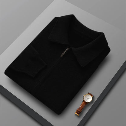 Men's 100% Merino Wool Thickened Sweater Polo Collar Business Zippered Cardigan Autumn Winter New Cashmere Jacket Knitted Top