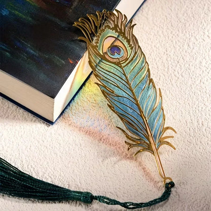 Chinese Style Metal Bookmark with Translucent Peacock Feather & Tassel - Vibrant Colors, Ideal Gift for Teachers/Students
