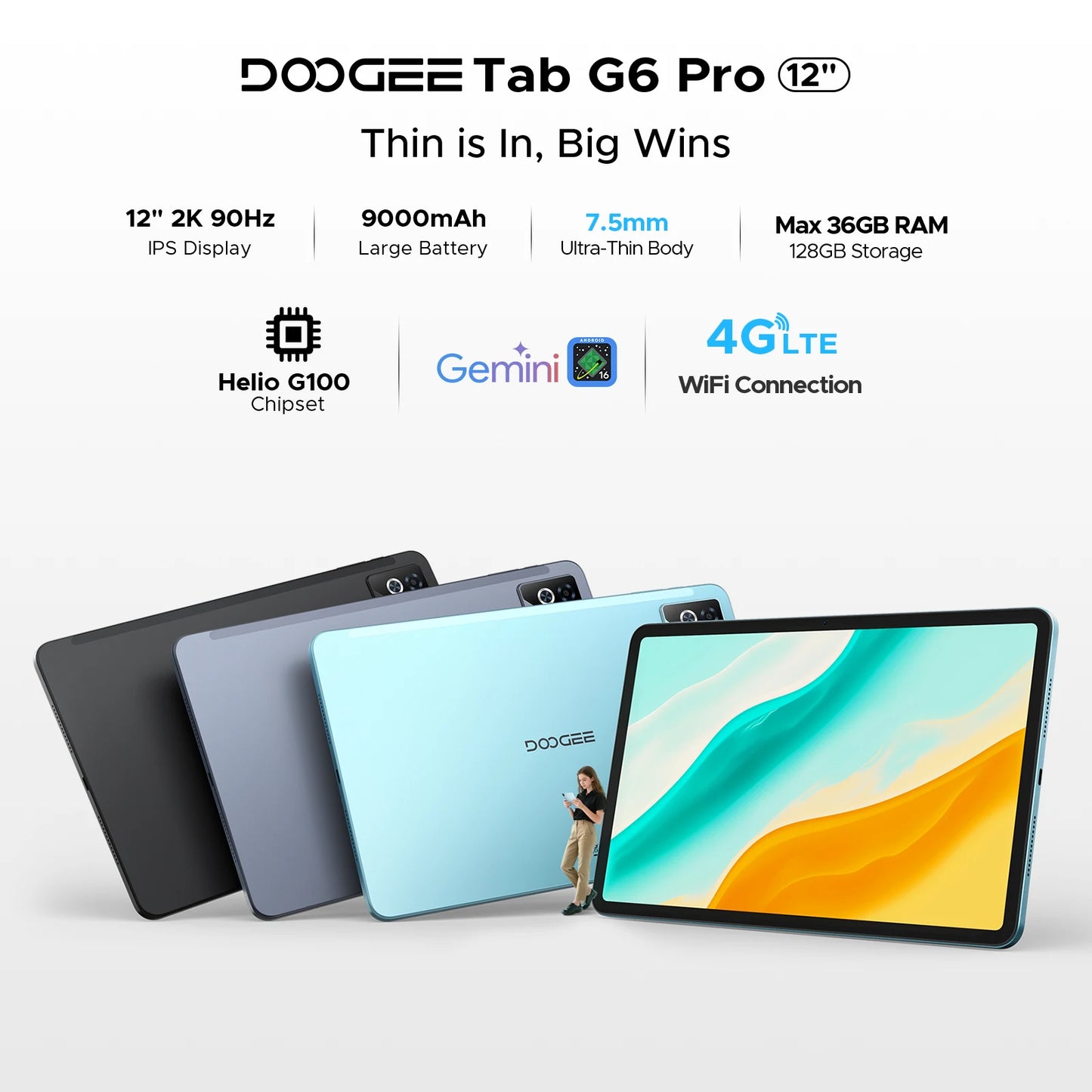 DOOGEE Tab G6 Pro Tablet PC Android 16 Gemini AI 12'' 2K Display 9000mAh Battery 8GB  RAM 128GB ROM Ultra-thin Body Smart Pad