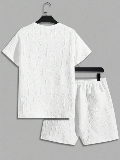 Men's Textured Letter Patched Round Neck Tee & Drawstring Shorts Two-Piece Set Regular Fit Casual Short Sleeve T shirt & Shorts