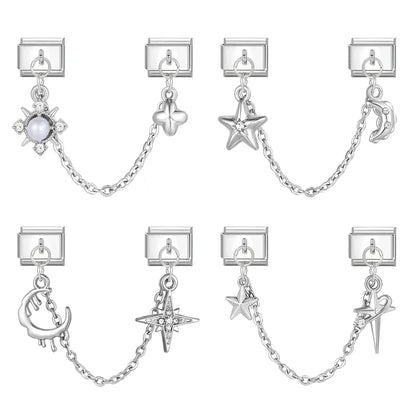 Tassel Chain Butterfly Flowers Star Moon Heart Zircon Italian Charm Links Fit 9mm Bracelet Stainless Steel DIY Jewelry Making