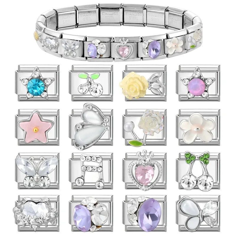 Wholeasle Shiny Zircon Shell Love Heart Devil Eyes Italian Charm Links Fit 9mm Stainless Steel Bracelet Women Jewelry DIY Making