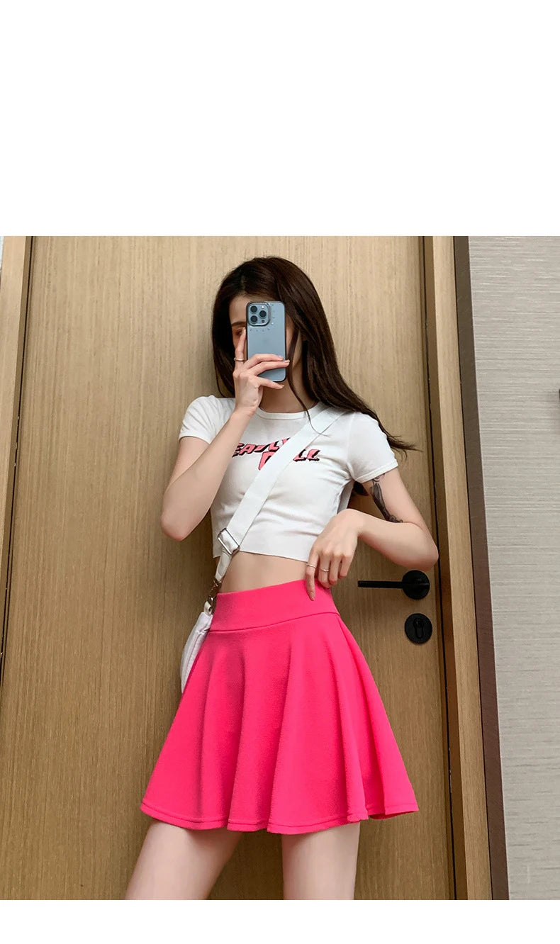 Summer Basic Skirts Women Shorts Mini Elastic Pleated Skirts High Waist Bubble Sun Skirts School Girl Uniform Lined Safety Pants