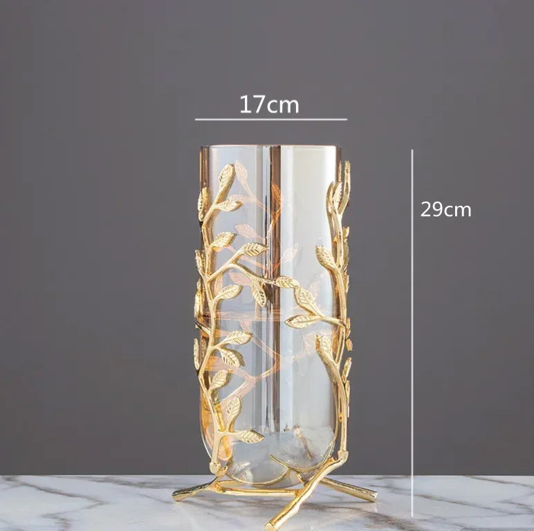 Gold Hollow Coral Vase Transparent Glass Vase Ornament Metal Rack Living Room Hydroponic Flower Arrangement Home Decoration