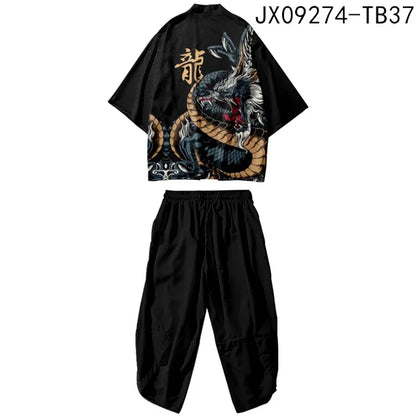 Large Size 5XL 6XL Japanese Kimono Cardigan Pants Set Print Fox Men Women Shirt Tradition Yukata Haori Obi Cosplay Costume